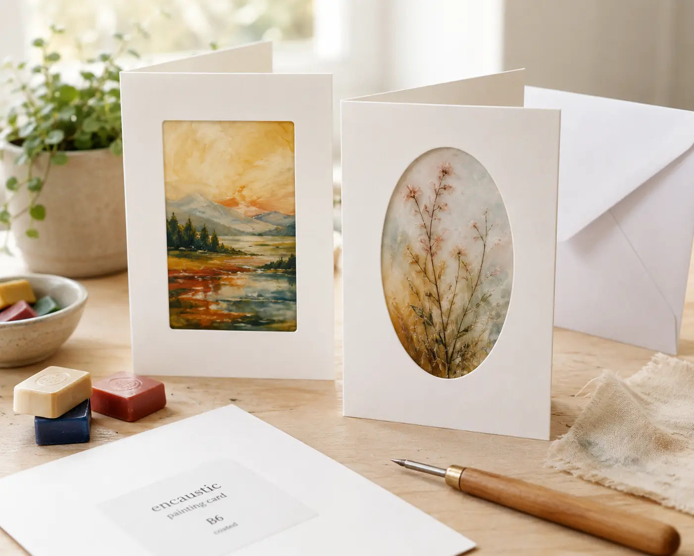 Oval and rectangular encaustic window cards displaying finished wax artwork beside wax blocks and a stylus