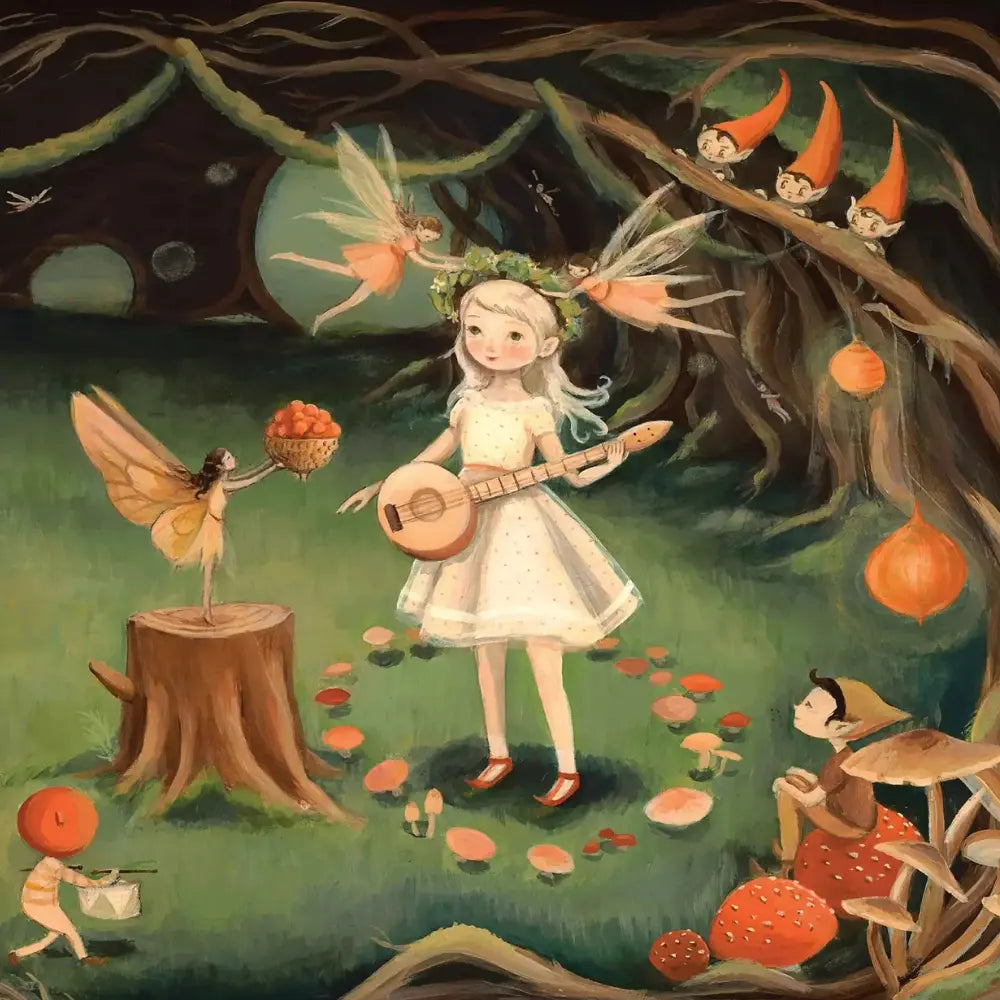Fantasy scene with a girl playing a lute surrounded by fairies and gnomes in a forest setting.