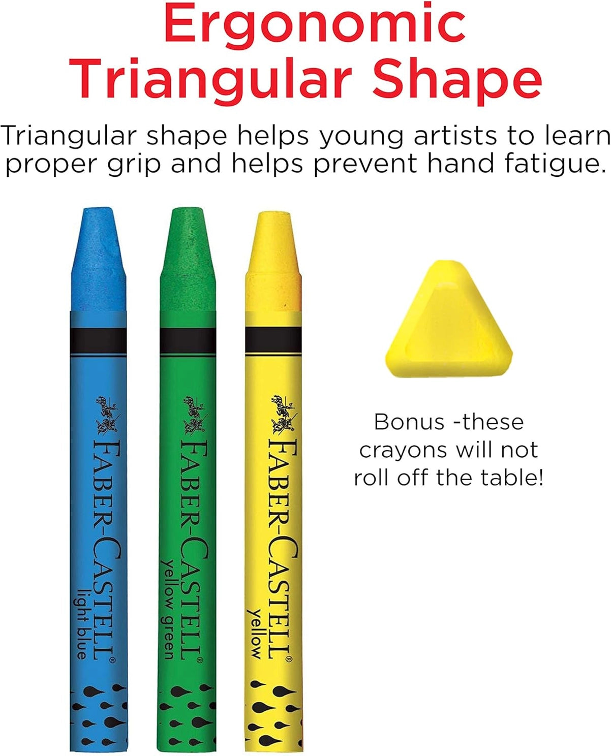 Faber-Castell crayons with ergonomic triangular shape feature, on a white background.