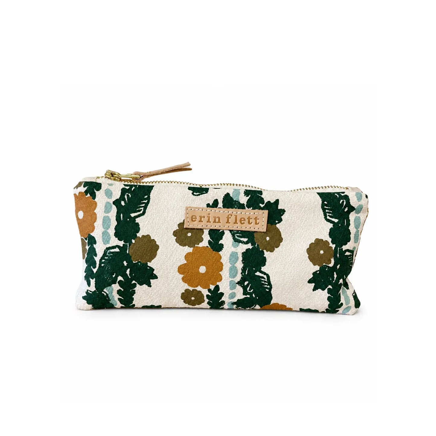 Folklore hand-screened cotton pencil bag by Erin Flett with green, ochre, blue, and olive botanical print
