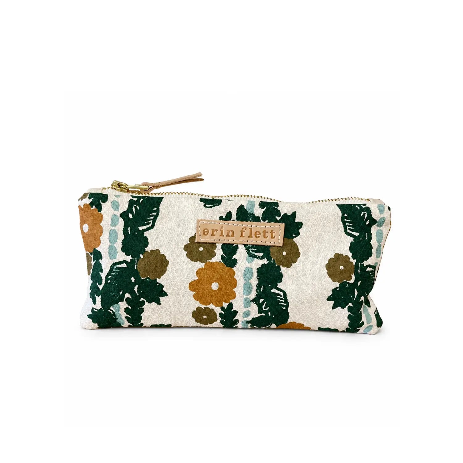 Folklore hand-screened cotton pencil bag by Erin Flett with green, ochre, blue, and olive botanical print