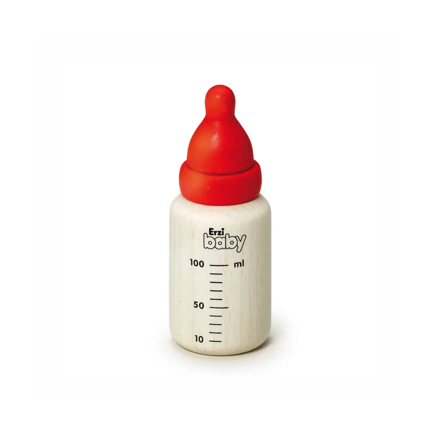 A wooden Erzi baby bottle toy with a red nipple and a white wood body 