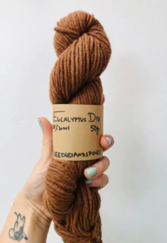 Brown skein of yarn held by a hand with a label on a white background