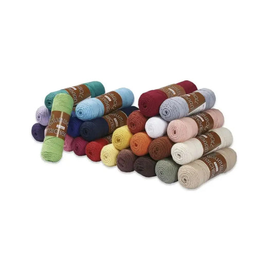 100% Cotton Yarn from The Netherlands in different colors stacked on top of each other in 3 and 4 rows