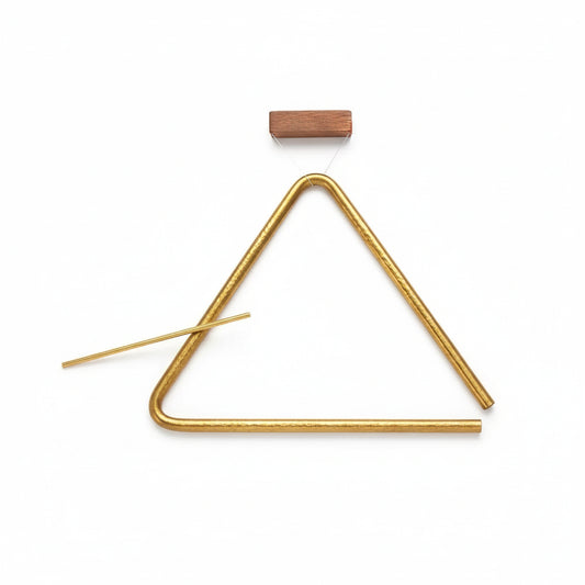 Triangle percussion instrument with two mallets on a white background
