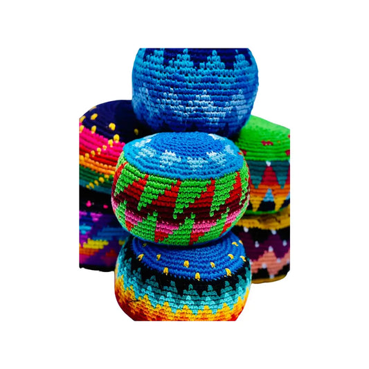 Stack of colorful woven baskets on a white background