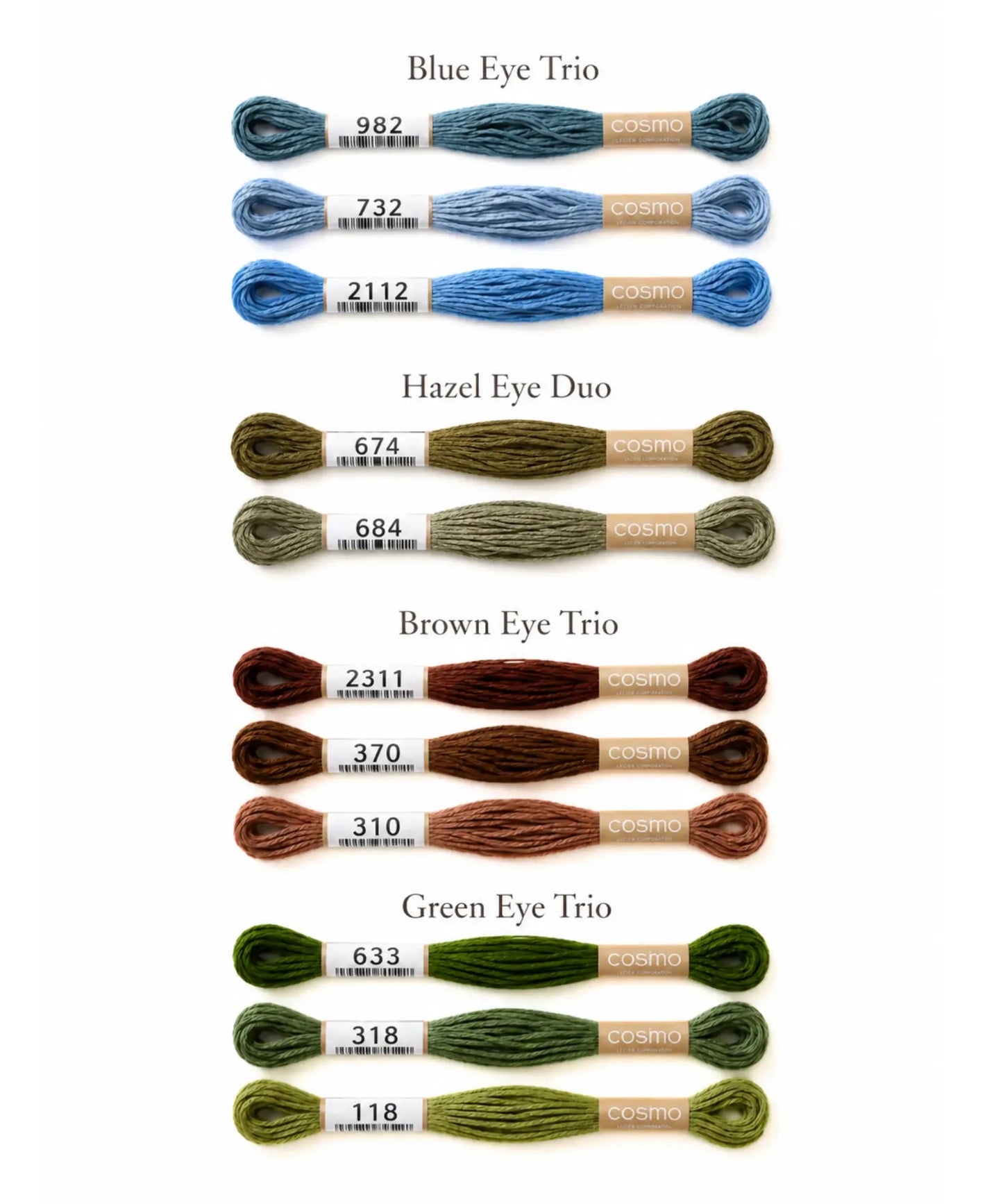 Collection of embroidery floss colors labeled 'Blue', 'Hazel', 'Brown', and 'Green'