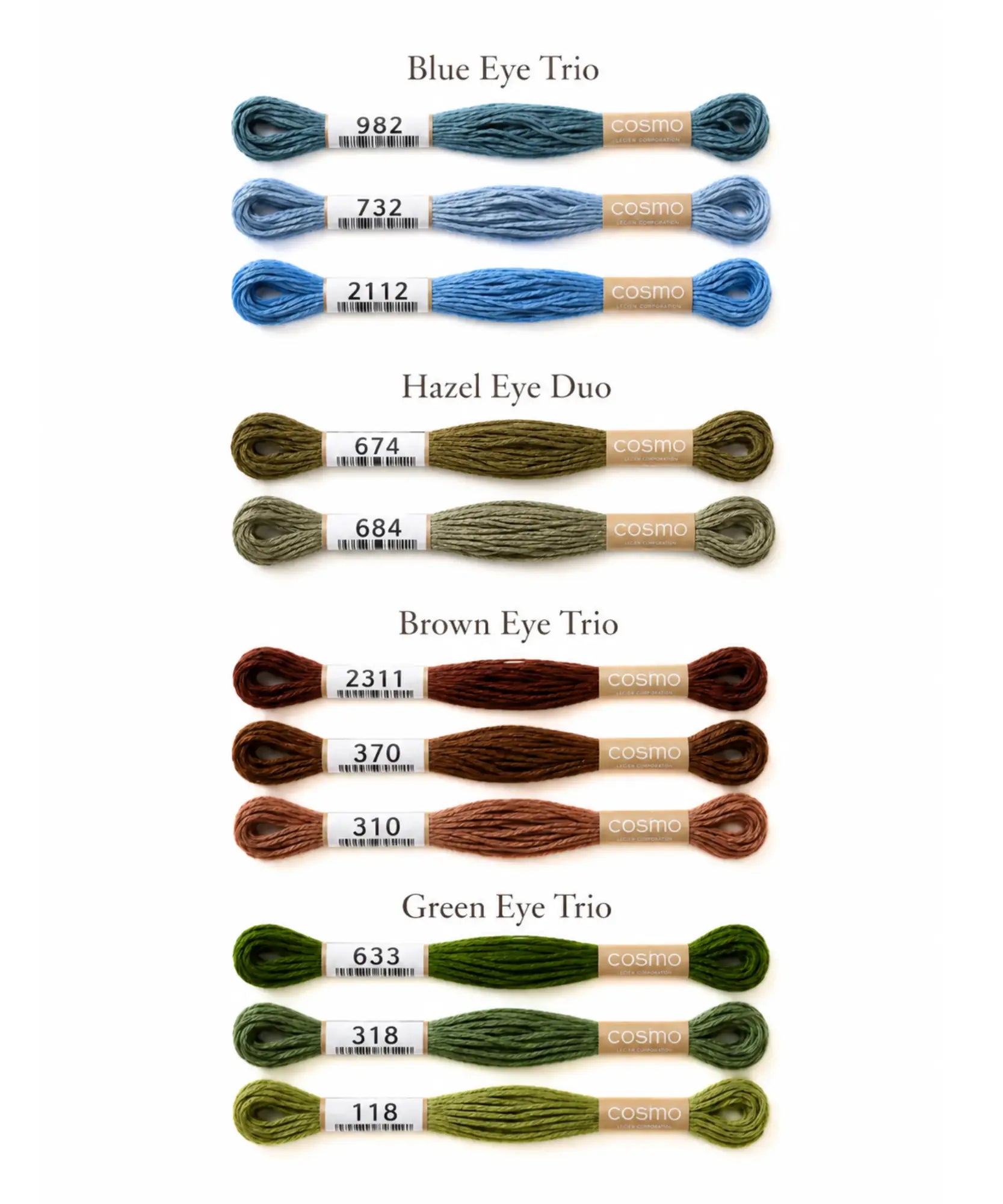 Collection of embroidery floss colors labeled 'Blue', 'Hazel', 'Brown', and 'Green'