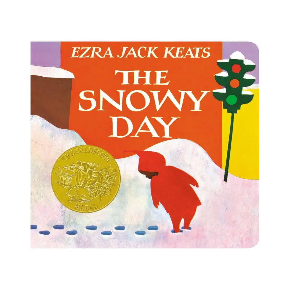 Book cover of 'The Snowy Day' by Ezra Jack Keats with a child in a red coat walking in the snow.