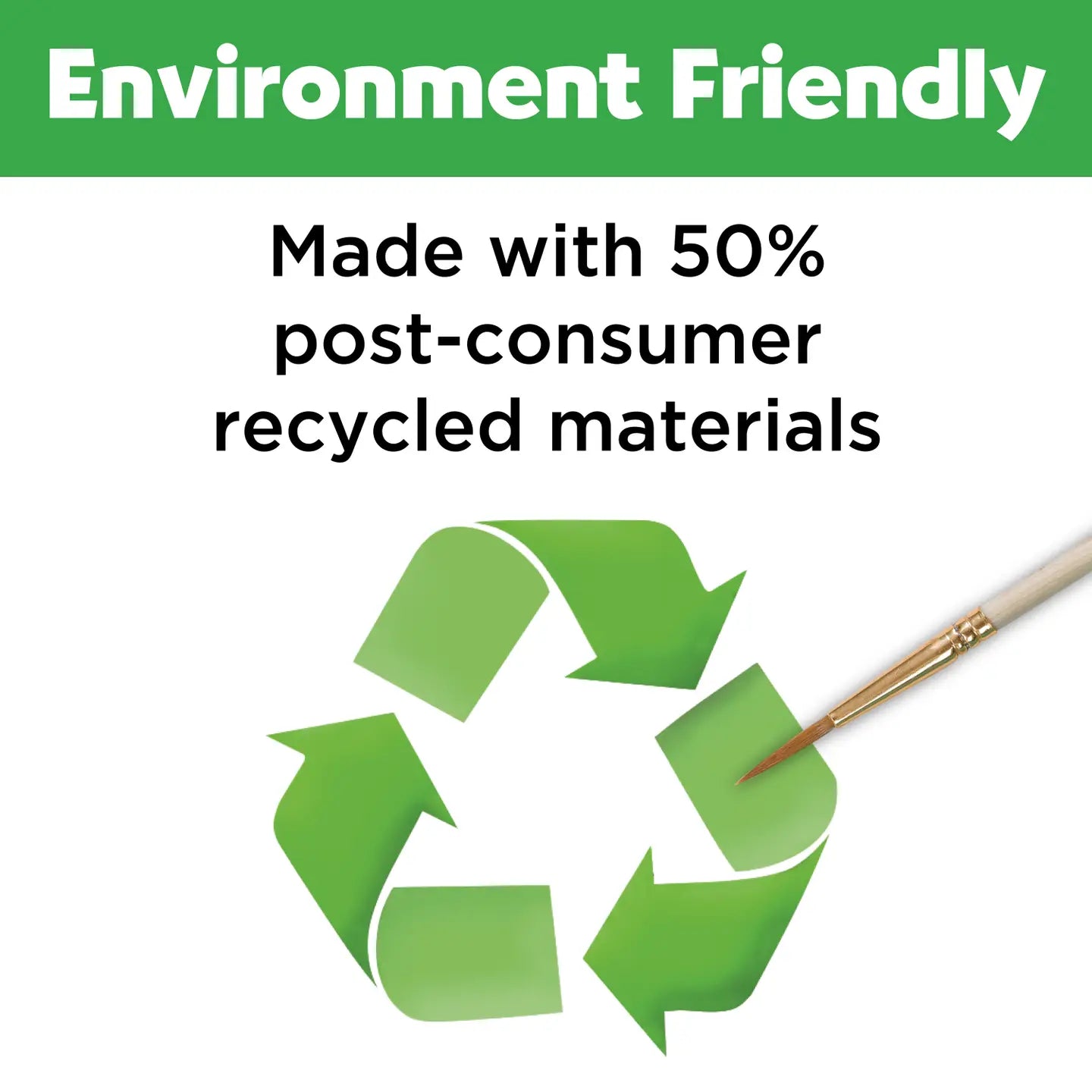 Recycling symbol with text 'Environment Friendly Made with 50% post-consumer recycled materials' on a white background.