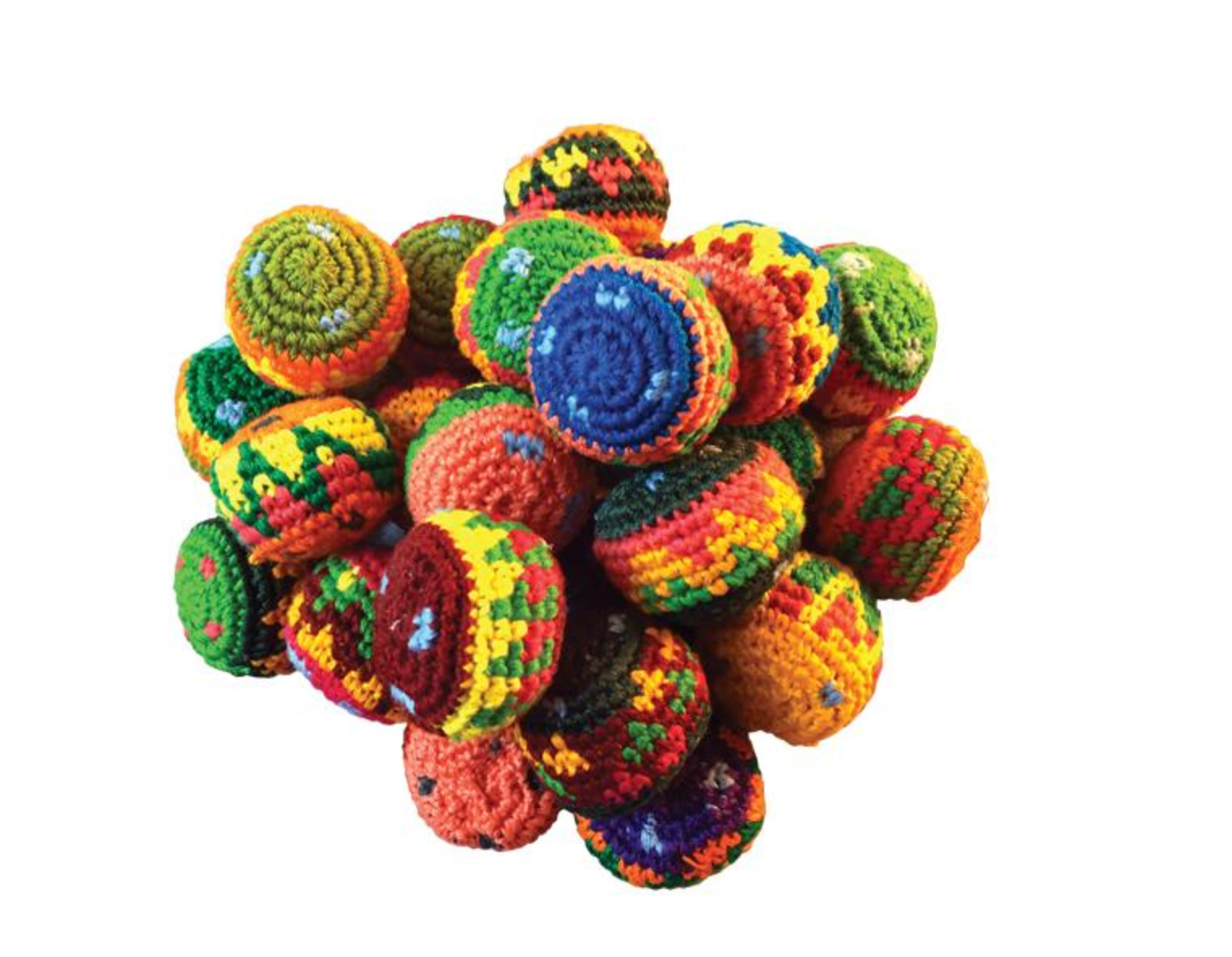 Colorful small crocheted toss balls on a white background