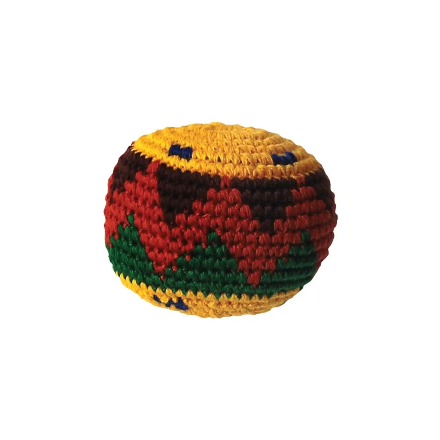 Colorful crocheted hacky sack with a pattern on a white background