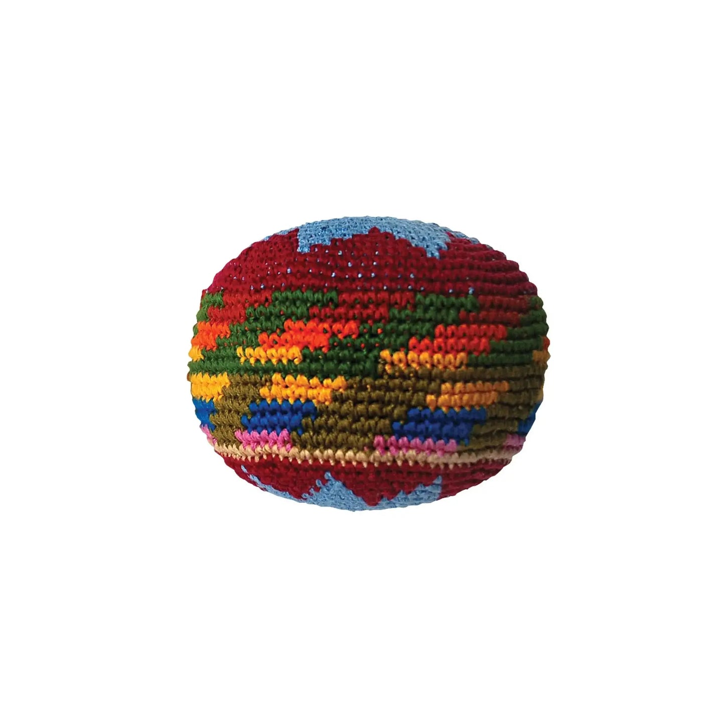 Colorful knitted hacky sack on a white background