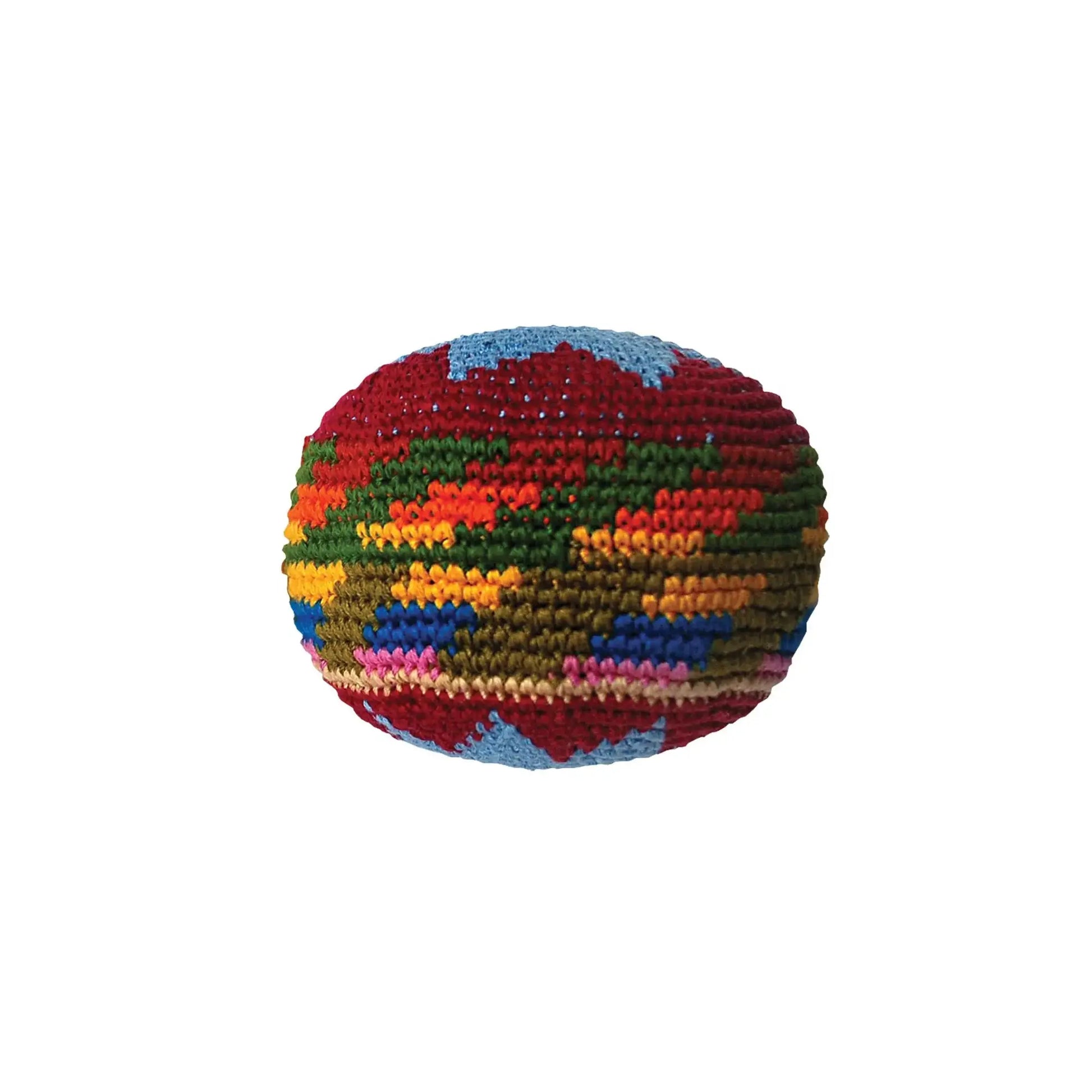 Colorful knitted hacky sack on a white background