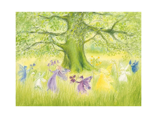 Illustration of fairies under a tree with colorful fairies in a grassy field.