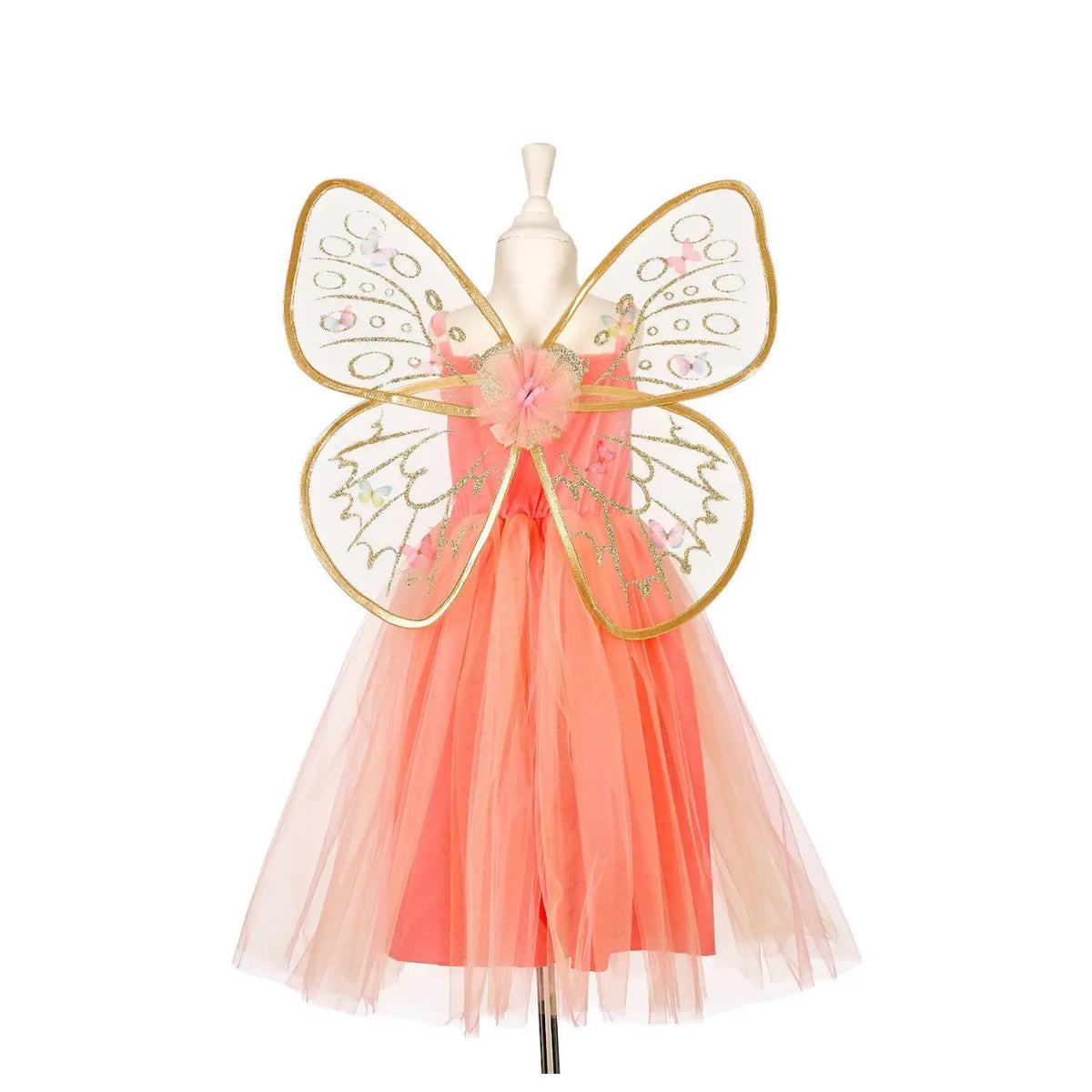 Fairy dress and wings set for kids in soft apricot-orange and gold with tulle skirt back view