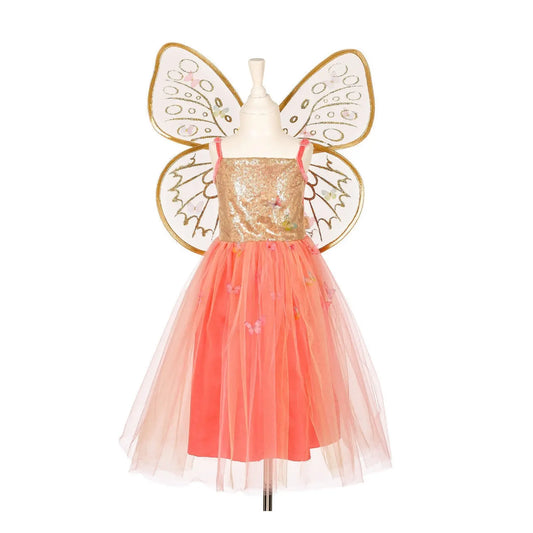 Fairy dress and wings set for kids in soft apricot-orange and gold with tulle skirt front view