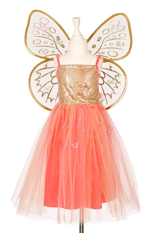 Fairy dress and wings set for kids in soft apricot-orange and gold with tulle skirt