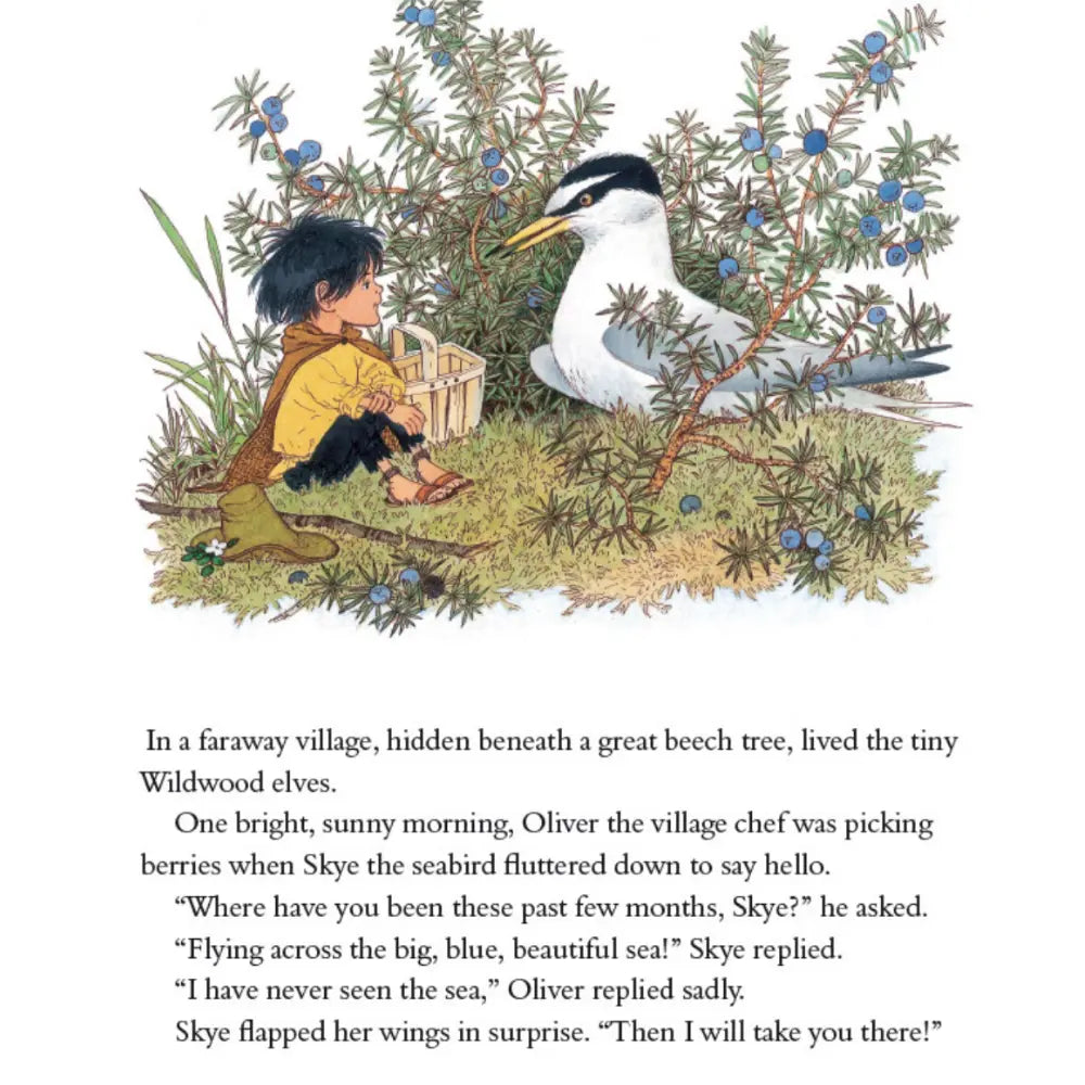 Illustration of a child and a seabird among trees with text below.