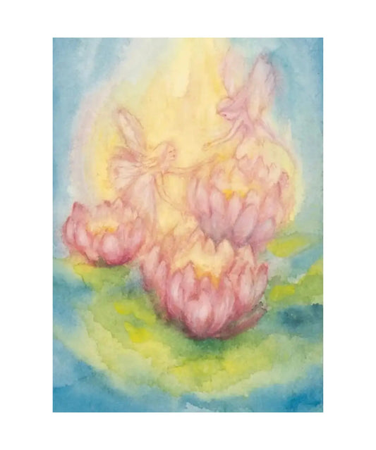 Fairy Nymphs postcard by Marjan van Zeyl featuring delicate fairies among pink water lilies in a soft pond scene