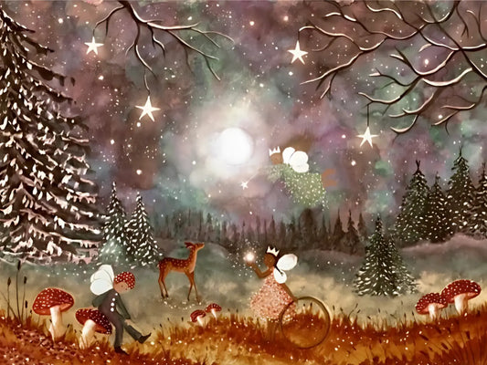 Fantasy forest scene with fairies, deer, and glowing mushrooms under a starry sky.
