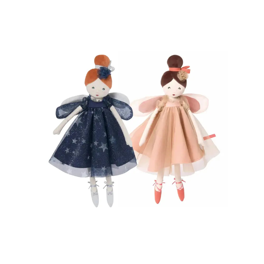 Two Moulin Roty Fairy Ballerina dolls in blue and pink dresses on a white background