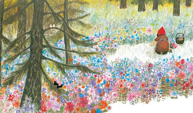 Illustration of a forest scene with colorful flowers and a red gnome-like figure.