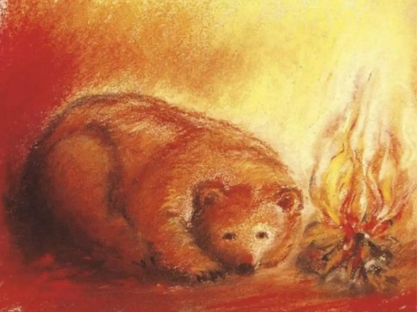 Bear near a campfire with a warm glow