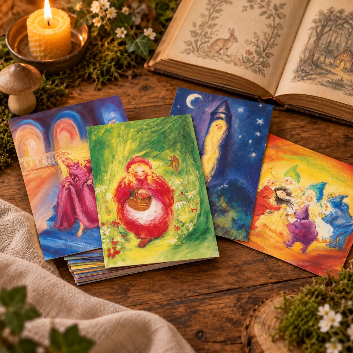 Marjan van Zeyl fairy tale postcard set displayed in a small stack with Cinderella, Little Red Riding Hood, Rapunzel, and Snow White beside an open storybook on a rustic wooden table.