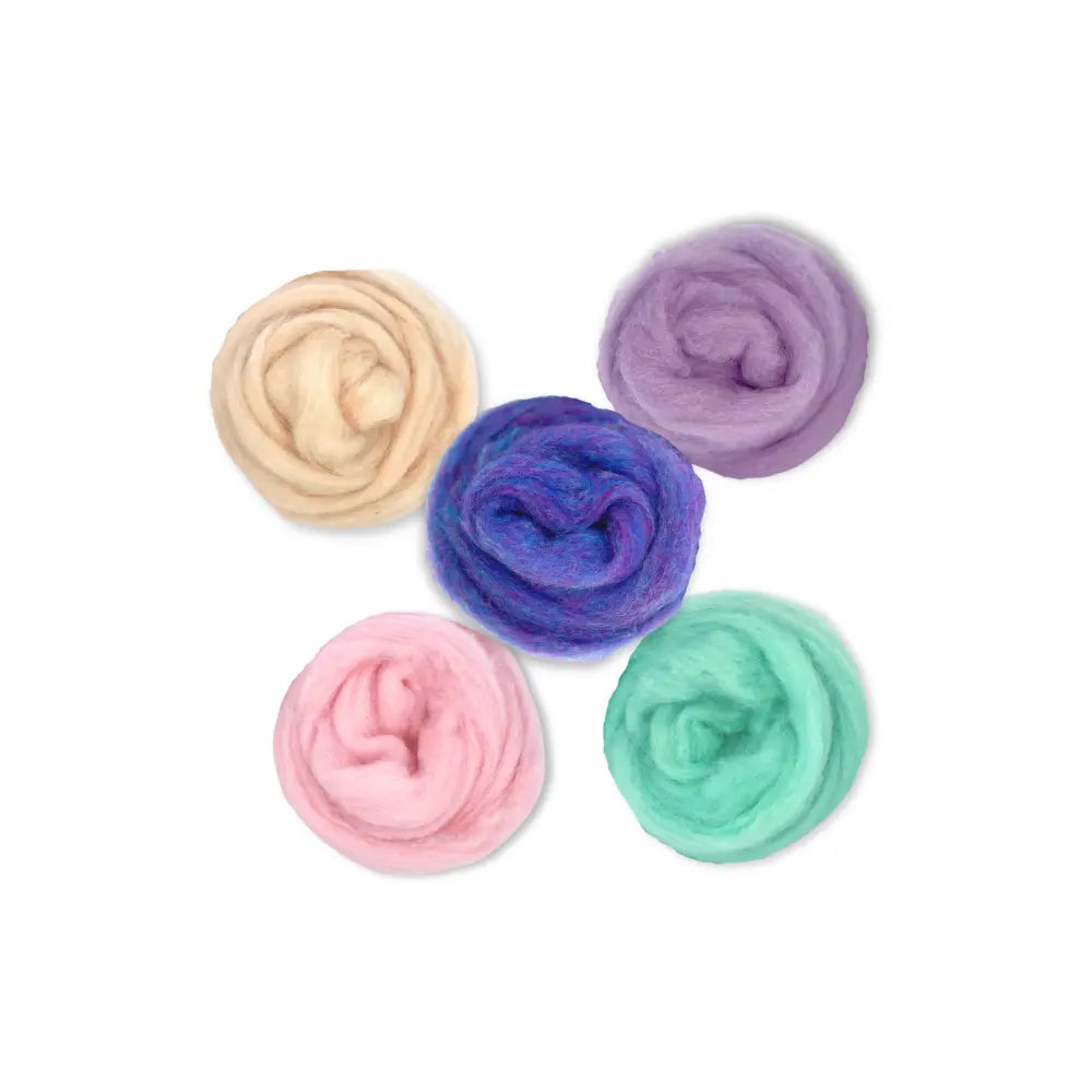 Five balls of pastel-colored corriedale wool on a white background