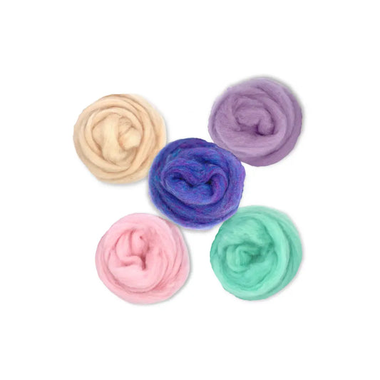 Five balls of pastel-colored corriedale wool on a white background