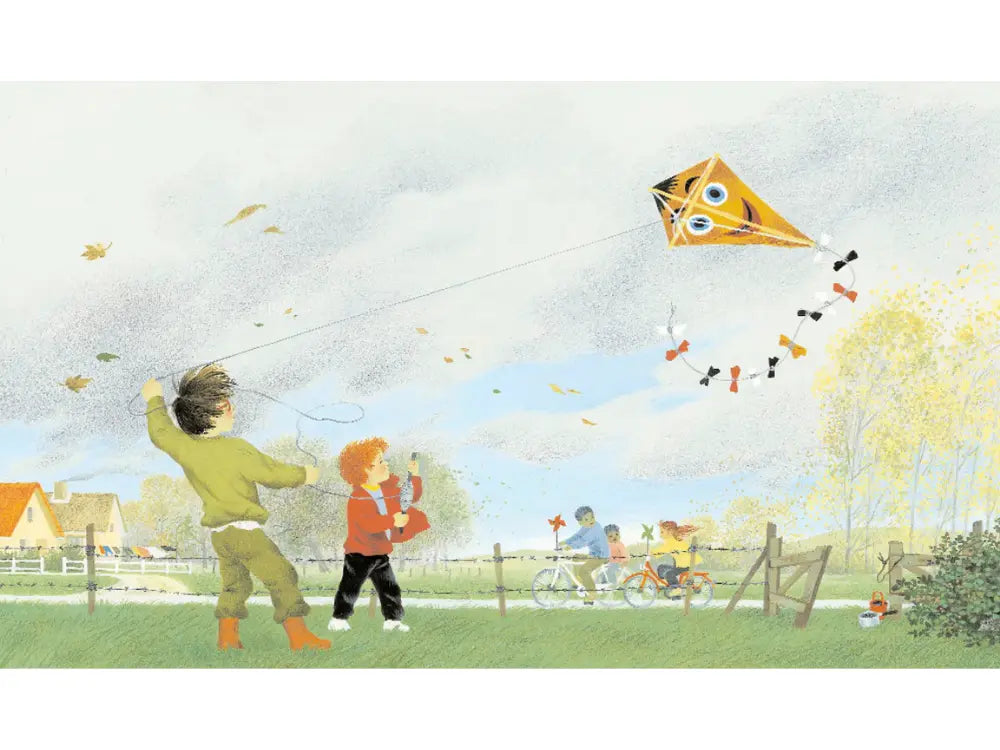 Illustration of children flying kites in a park with a colorful kite in the sky.