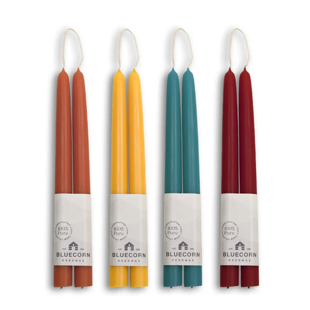 Fall Harvest beeswax taper candle bundle in terracotta, raw gold, teal, and burgundy tones by Bluecorn
