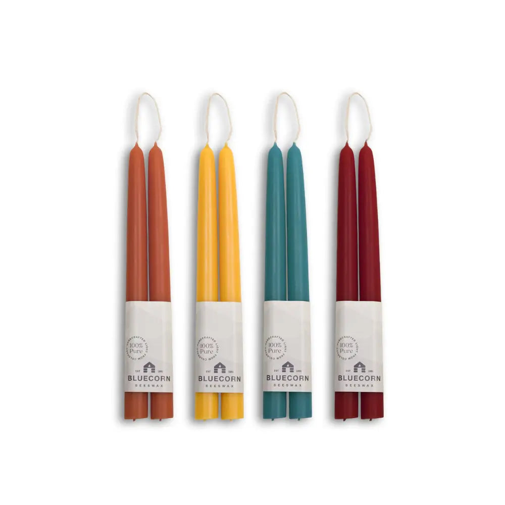 Fall Harvest beeswax taper candle bundle in terracotta, raw gold, teal, and burgundy tones by Bluecorn