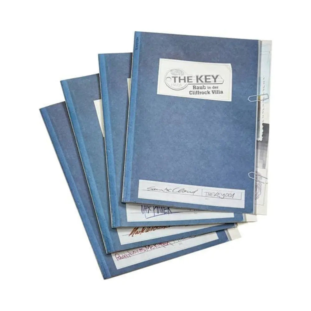 Stack of blue books with visible text and branding on a white background