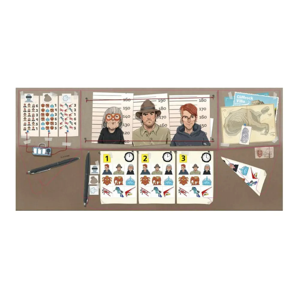Game board with character portraits, cards, and props on a brown background