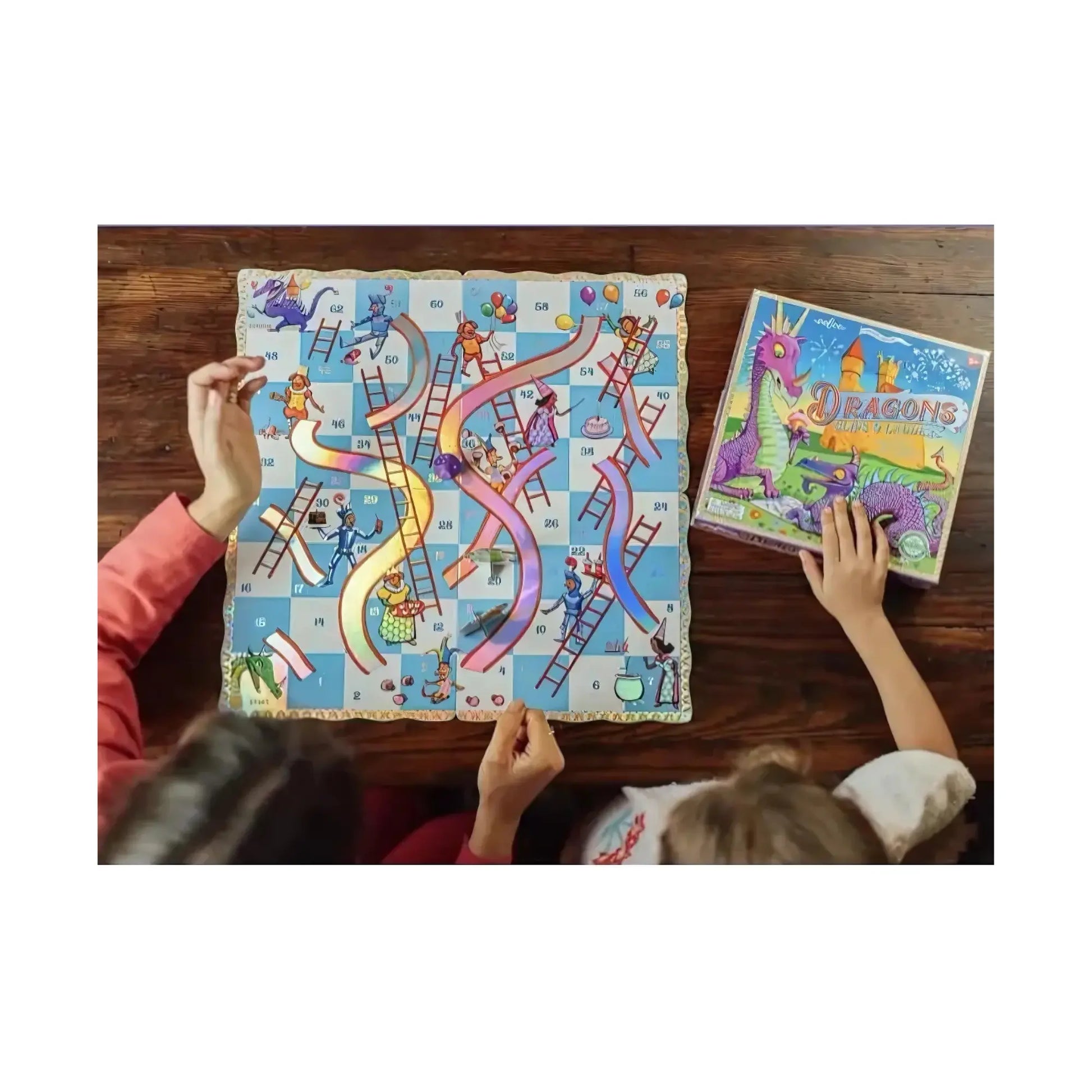 Family enjoying the Dragons Slips & Ladders board game together during game time.