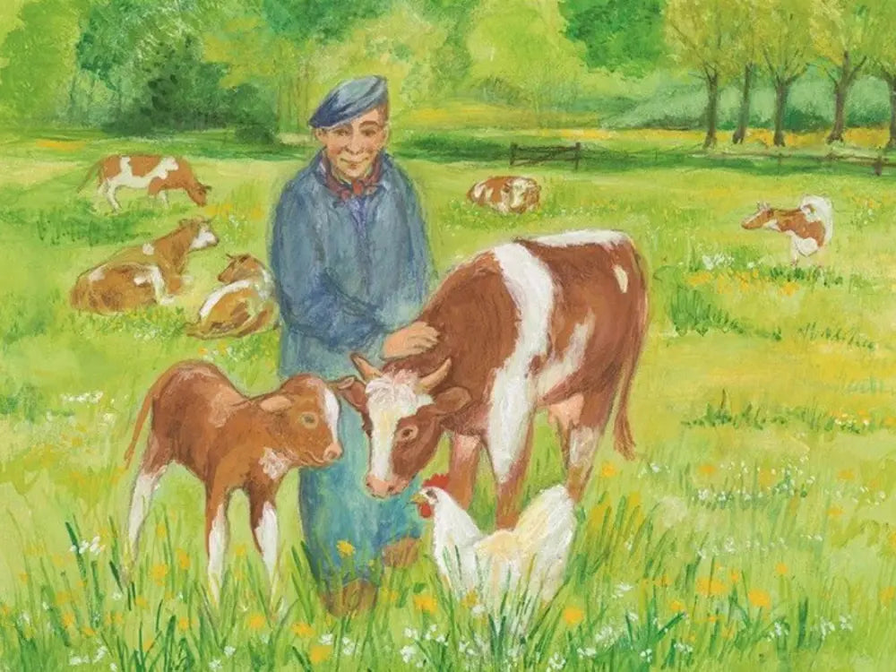 Man in a blue outfit with cows and chickens in a pastoral setting