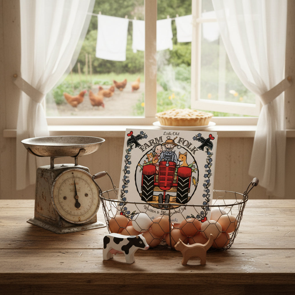 board book in an egg basket on a counter with a kitchen scale and wooden figures of a cow and cat. 