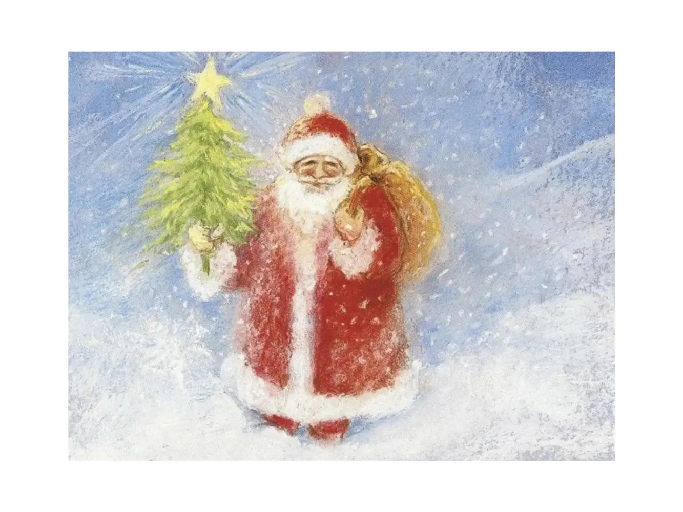 Illustration of Santa Claus holding a Christmas tree in a snowy landscape