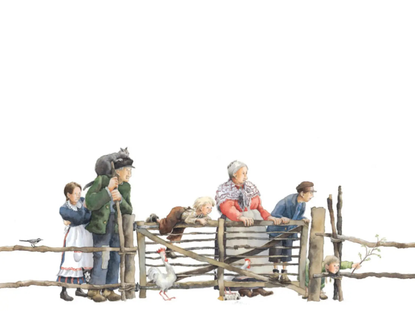 Model figures of people and animals by a wooden fence on a white background