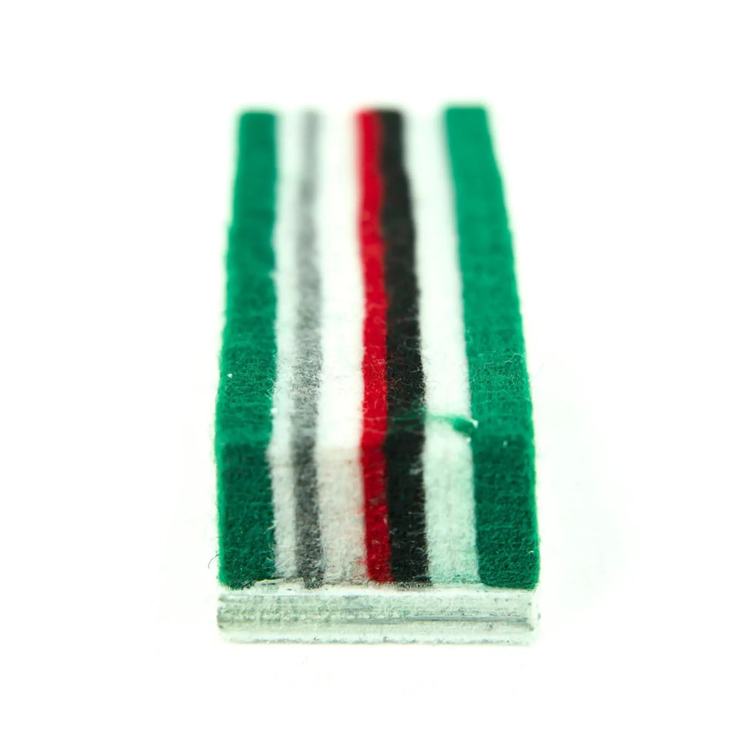 Striped towel with green, red, black, and white colors on a white background