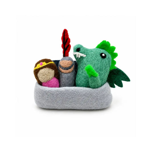 Felt castle play set with princess, knight, and dragon on a white background for fairy tale storytelling play.