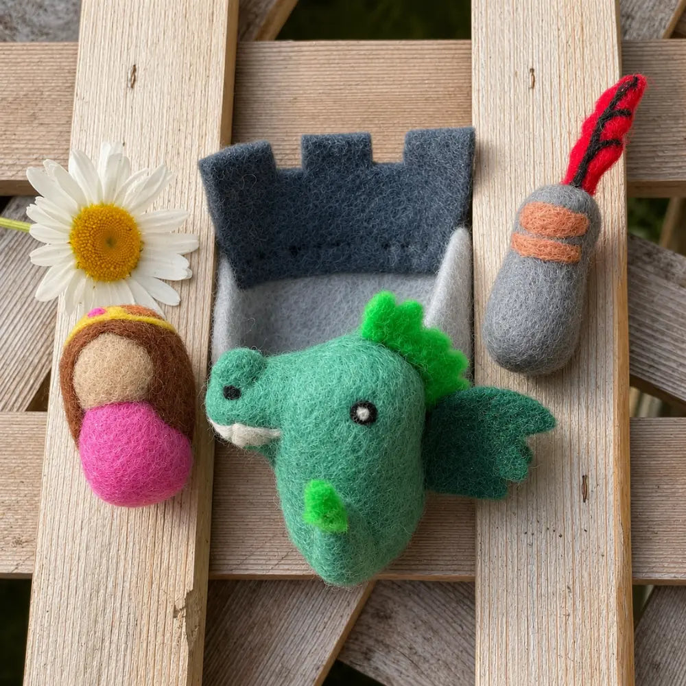 Hand-felted wool castle play set with princess, knight, dragon, and castle pouch for fairy tale storytelling.