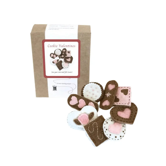 Hand sewing kit to make your own felt cookies showing finished cookies and packaging