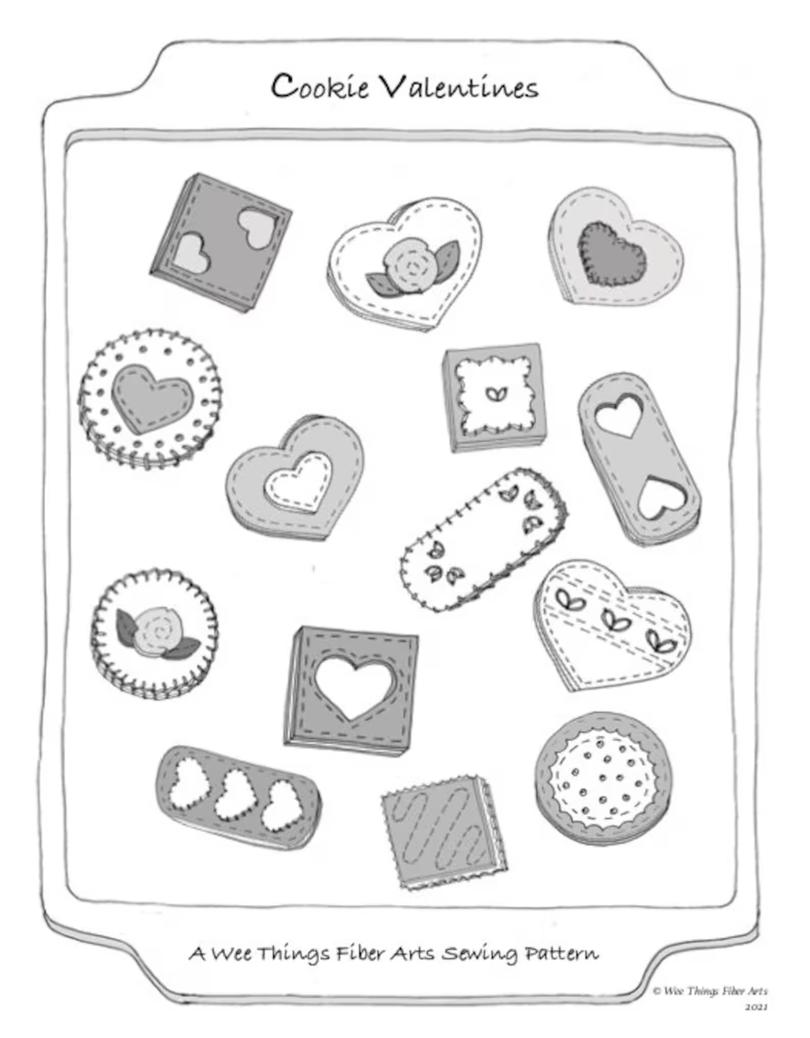 Black and white pattern of cookie-shaped valentines on a baking sheet