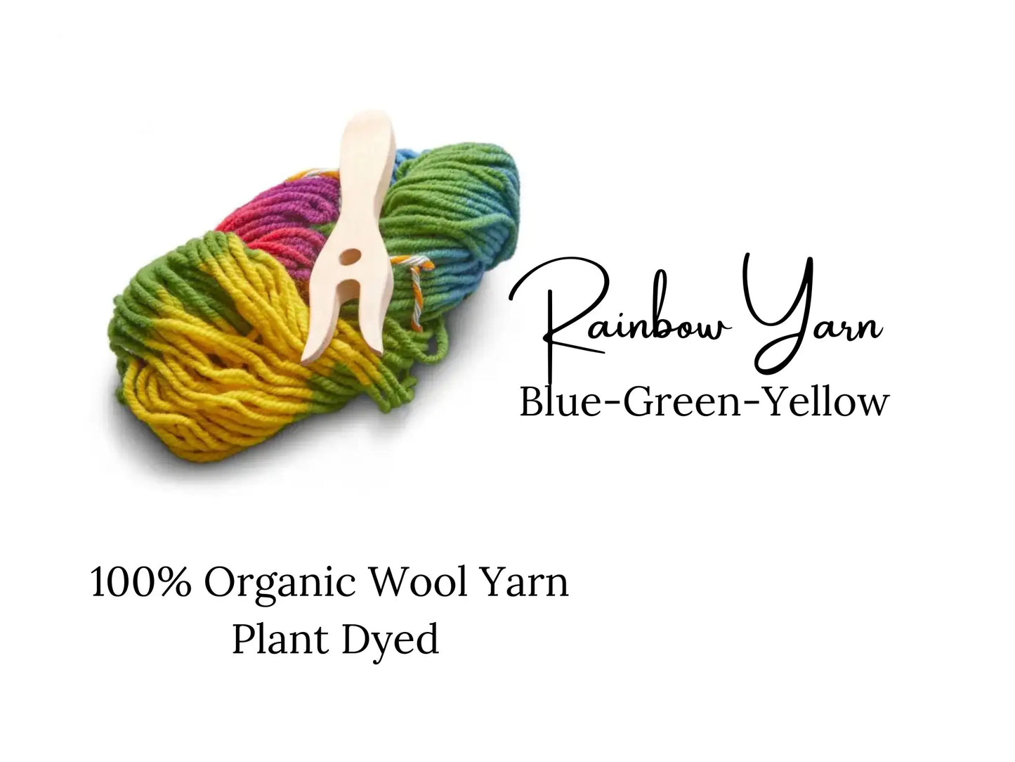Rainbow wool yarn in blue-green-yellow and wooden lucet with ext saying 100% organic wool yarn plant dyed