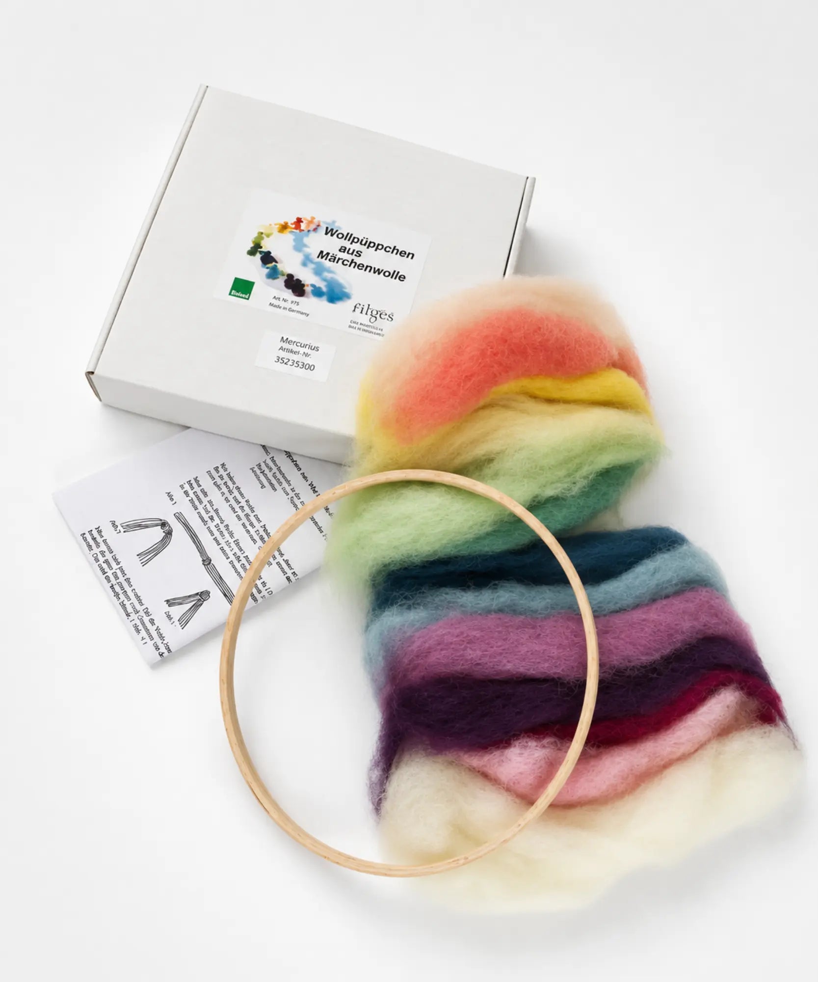 Filges wool fairy craft kit with plant dyed wool roving, wooden hoop, instructions, and supplies