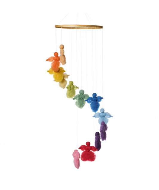 Finished Filges wool fairy mobile made with plant dyed wool fairies in rainbow colors