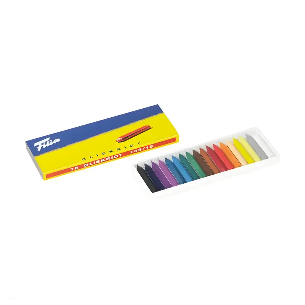 Box of Filla hard oil crayons with colorful pastels inside on a white background